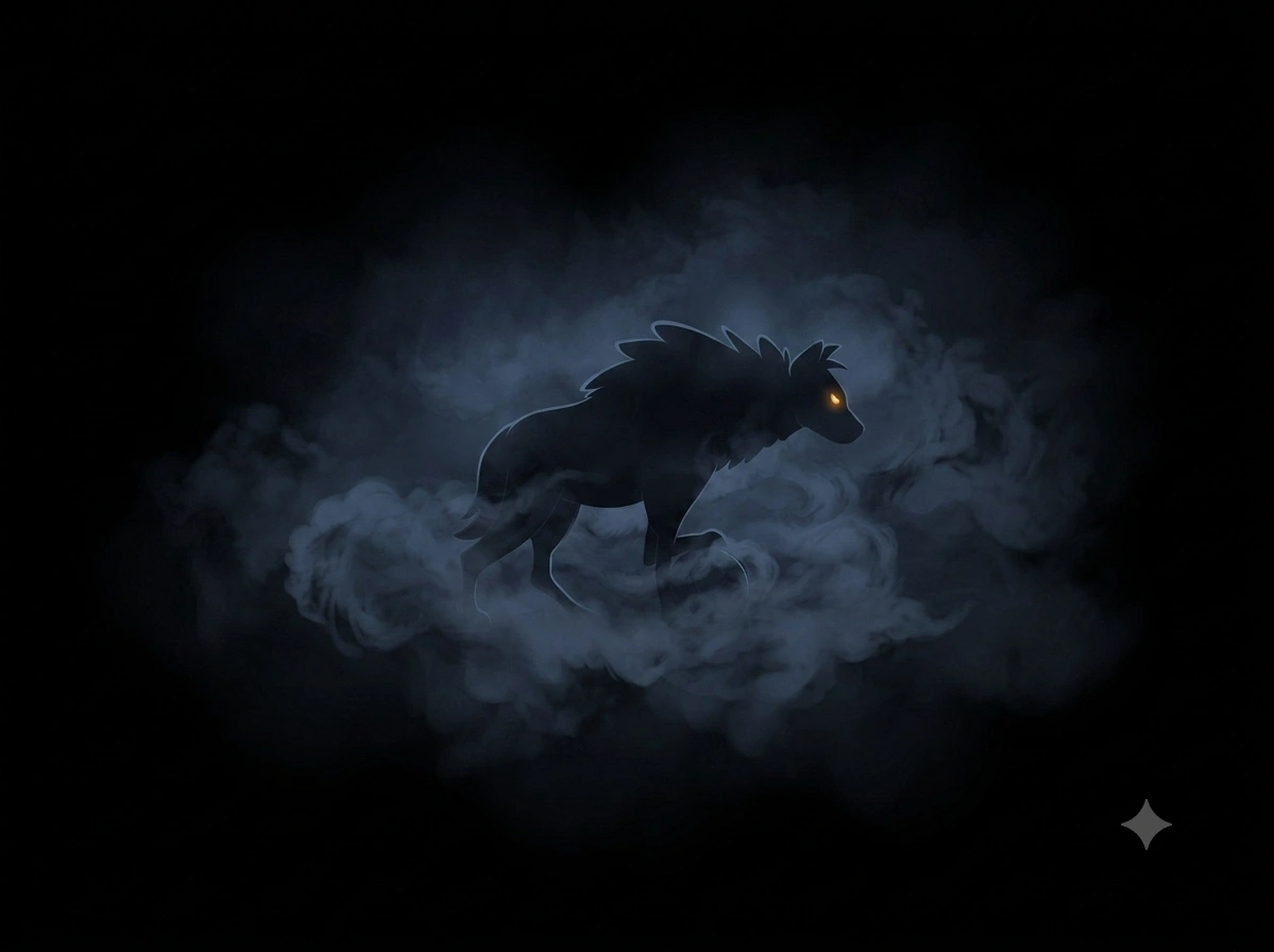 Hyena van Hyenas FC in de mist, met de volle maan erachter